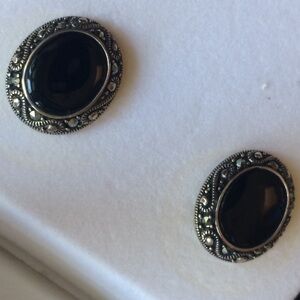 Sterling silver and Marcasite black onyx oval earrings classic dressy evening